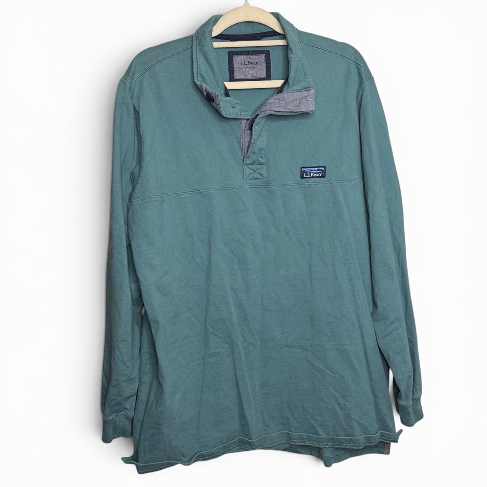 LL Bean Rugby Shirt Mens Large Tall Blue Green Quarter Button Long‎ Sleeve Polo